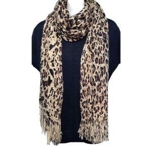 Rikka Heavy Animal Print Knitted Scarf with Fringe, Beige, Brown & Black